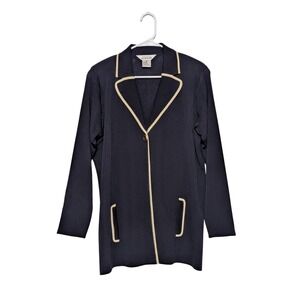 Misook Womens Navy Gold Trim Knit Cardigan Jacket Blazer Size M Single Button